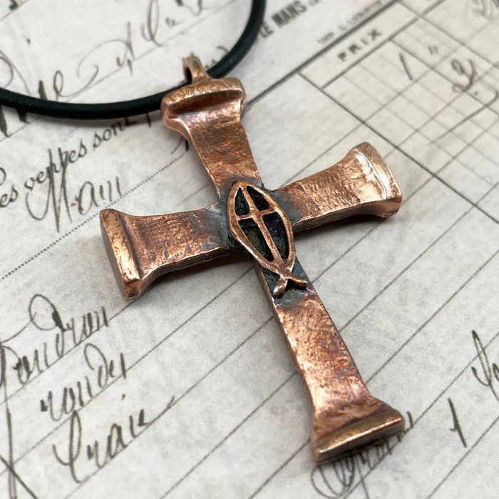 Horse Nails Cross Fish Antique Copper Finish Necklace