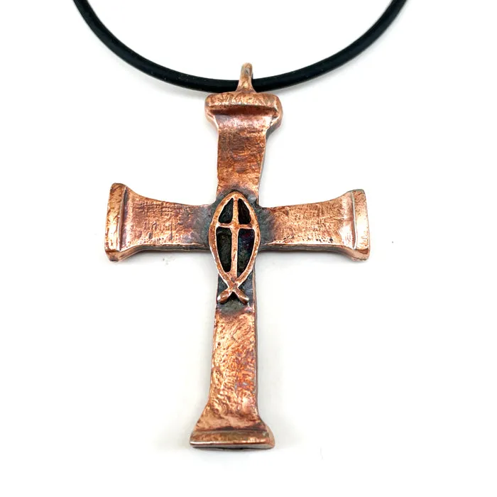 Horse Nails Cross Fish Antique Copper Finish Necklace