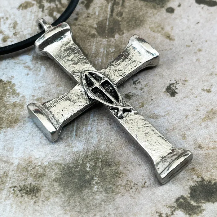 Horse Nails Cross Fish Antique Silver Finish Necklace