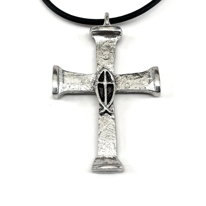 Horse Nails Cross Fish Antique Silver Finish Necklace