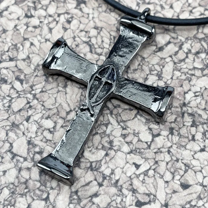 Horse Nails Cross Fish Dark Gunmetal Finish Necklace