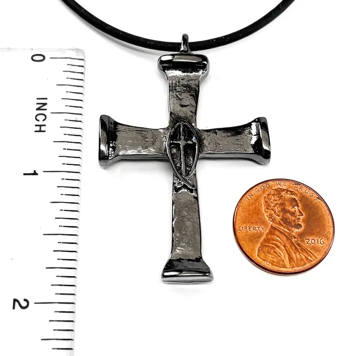 Horse Nails Cross Fish Dark Gunmetal Finish Necklace