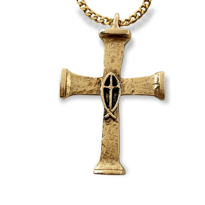 Horse Nails Cross Fish Gold Metal Finish Pendant Gold Finish Chain Necklace