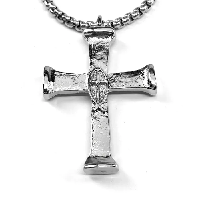 Horse Nails Cross Fish Rhodium Finish Heavy Chain Necklace