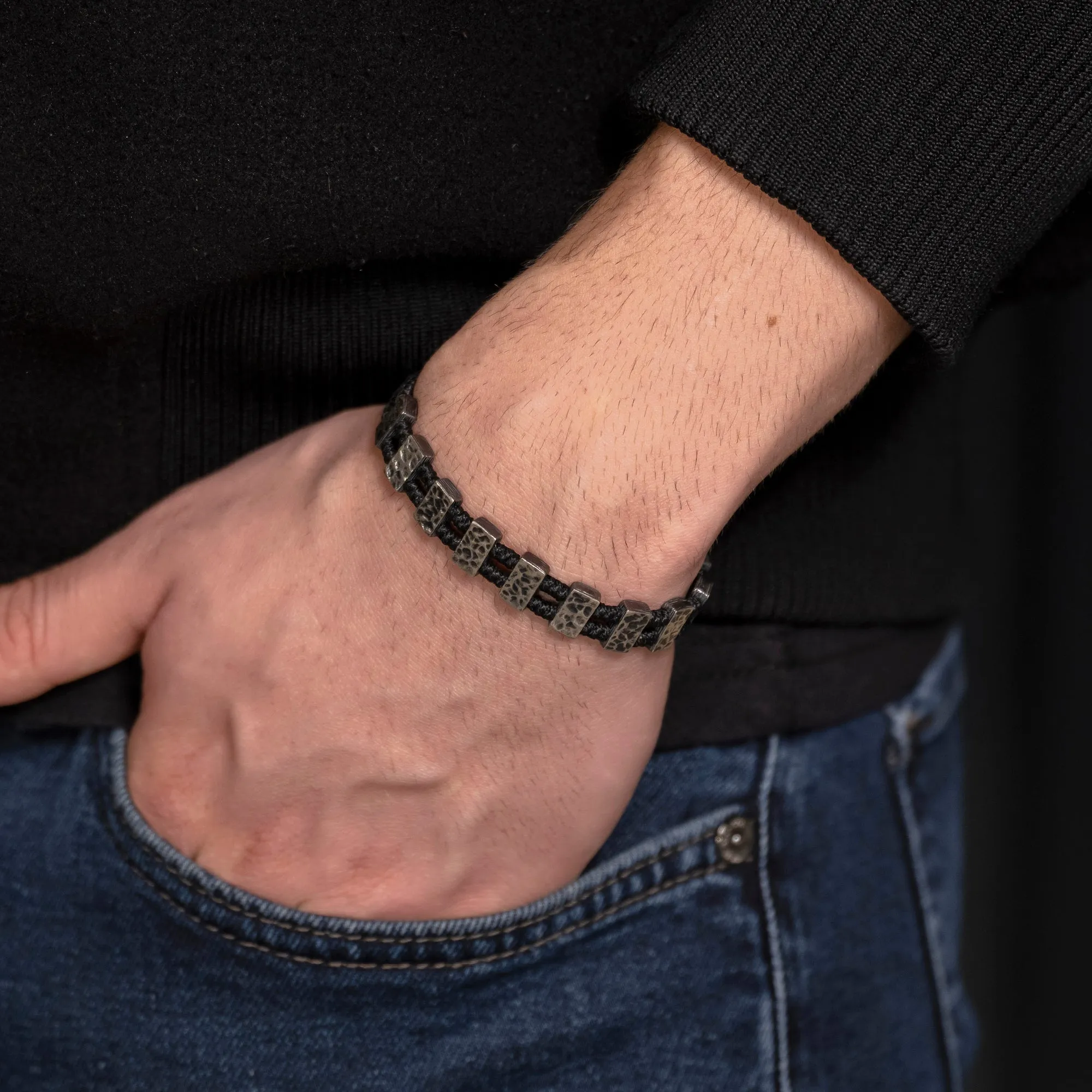 Men's Black Rope Bracelet with Hammered Sterling Silver