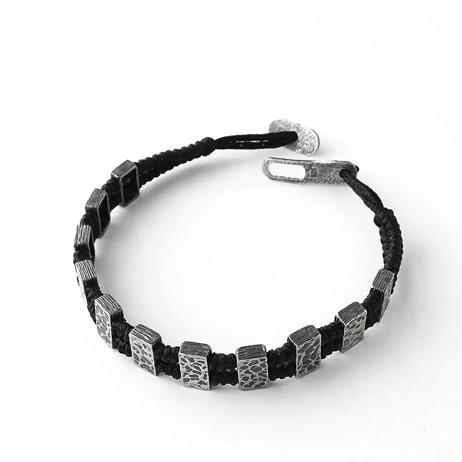 Men's Black Rope Bracelet with Hammered Sterling Silver