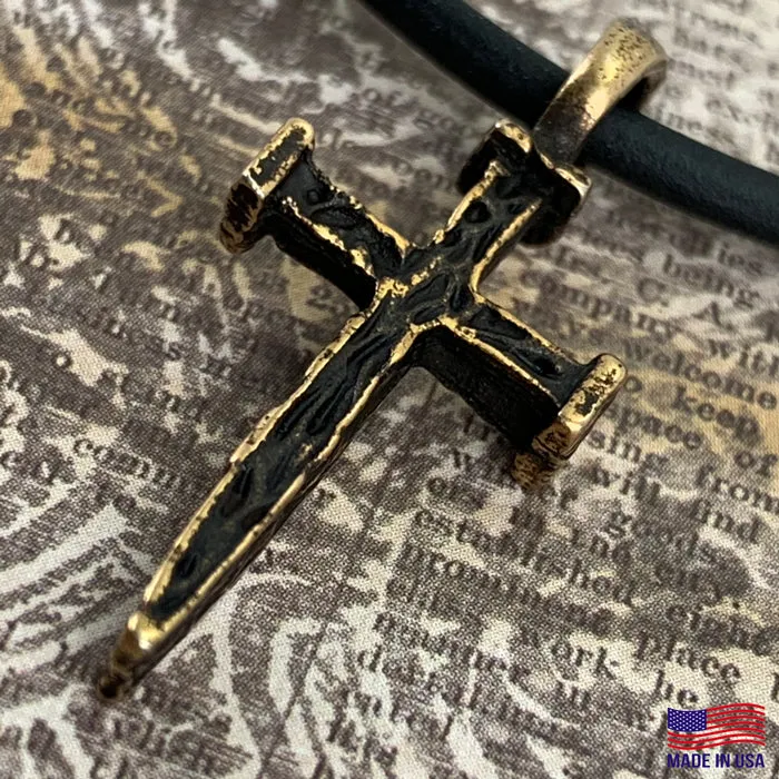 Nail Cross Antique Brass Necklace On Black Cord