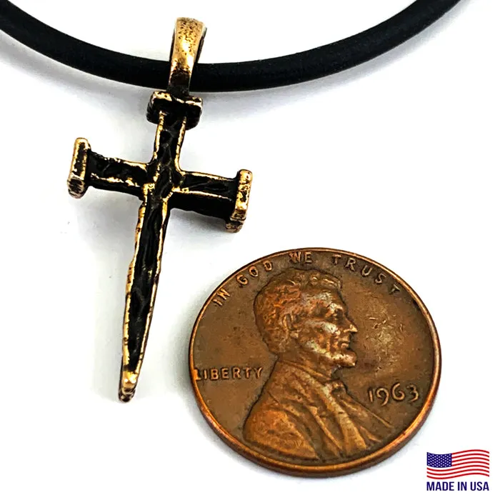 Nail Cross Antique Brass Necklace On Black Cord