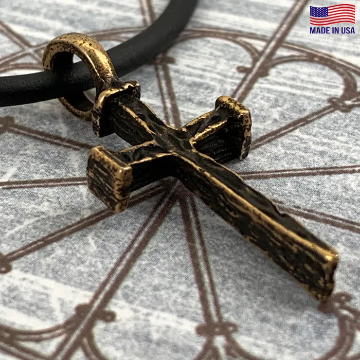 Nail Cross Antique Brass Necklace On Black Cord