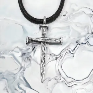 Nail Cross Large Rugged Antique Silver Finish Pendant Black Cord Necklace