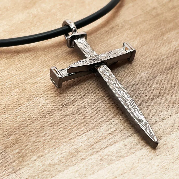 Nail Cross Large Rugged Dark Metal Finish Pendant Ball Chain With Gunmetal Finish Necklace