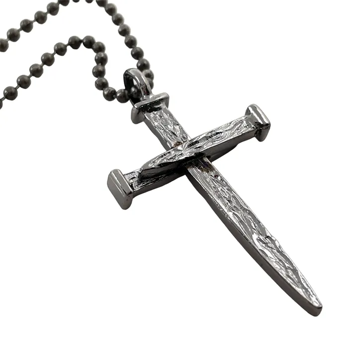 Nail Cross Large Rugged Dark Metal Finish Pendant Ball Chain With Gunmetal Finish Necklace