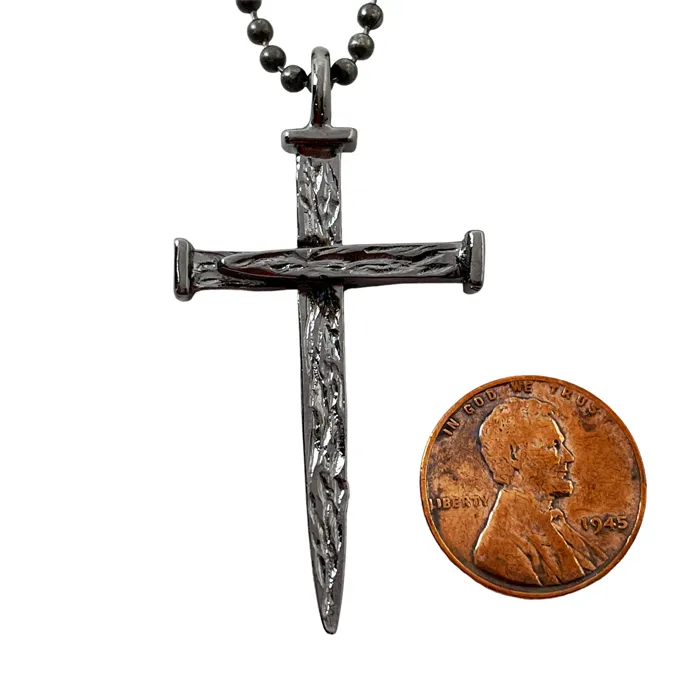 Nail Cross Large Rugged Dark Metal Finish Pendant Ball Chain With Gunmetal Finish Necklace