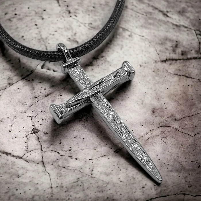 Nail Cross Large Rugged Dark Metal Finish Pendant Black Cord Necklace