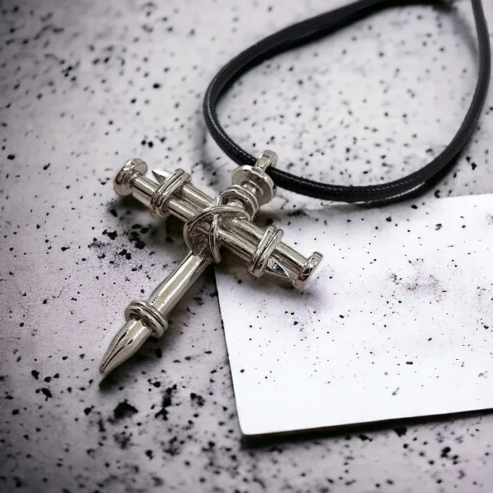 Pewter Nail Cross Necklace Rhodium Bling