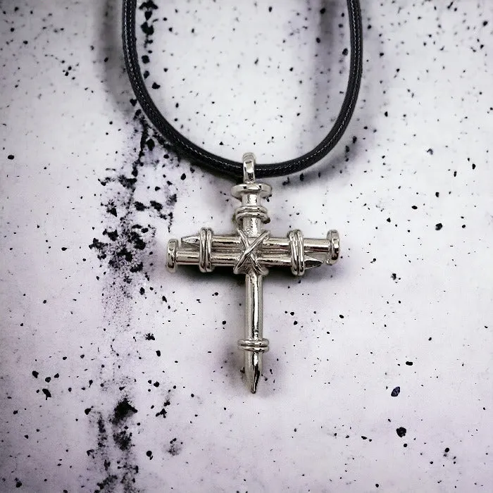 Pewter Nail Cross Necklace Rhodium Bling