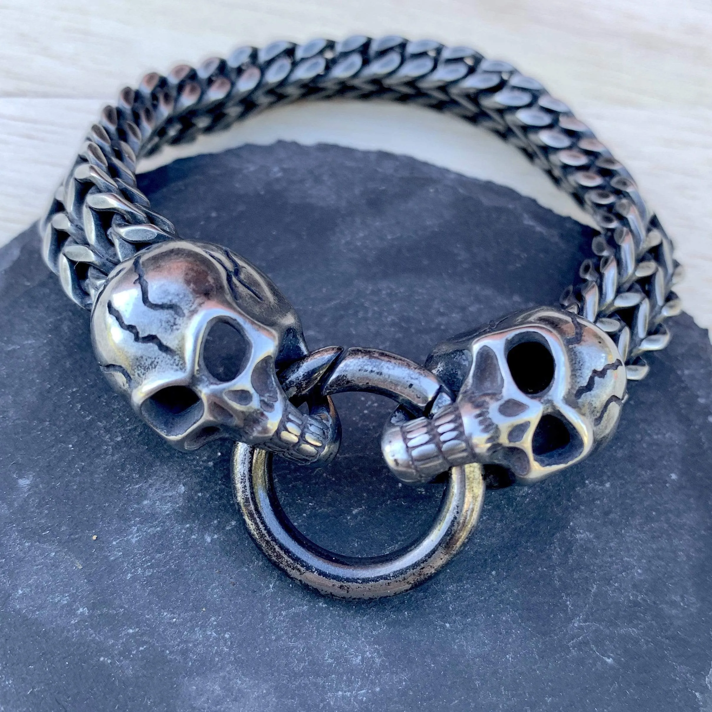 "Viking with 2 Skull Heads" Bracelet - Galvanized - 1/2 inch wide - B10