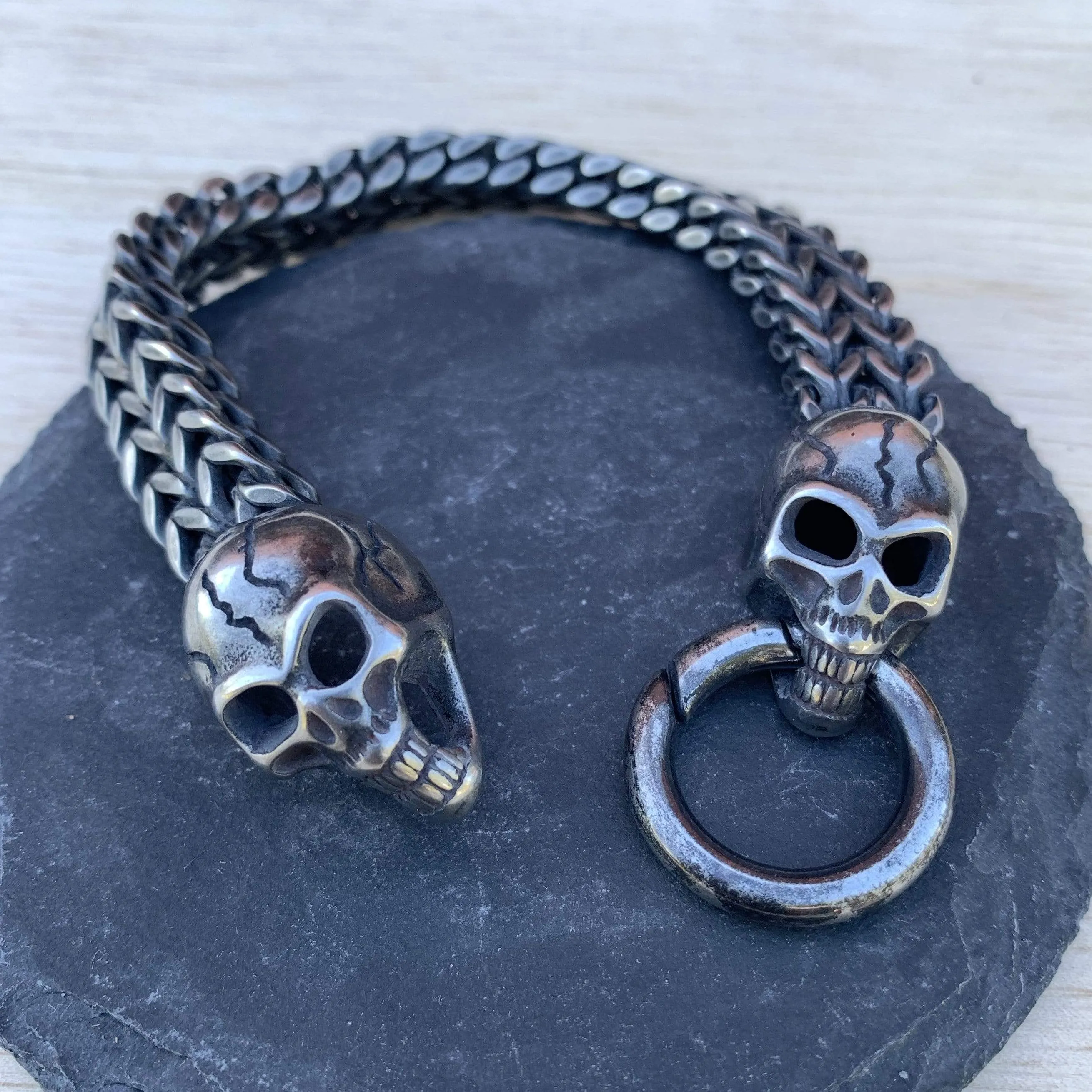 "Viking with 2 Skull Heads" Bracelet - Galvanized - 1/2 inch wide - B10