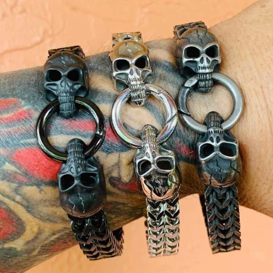 "Viking with 2 Skull Heads" Bracelet - Galvanized - 1/2 inch wide - B10