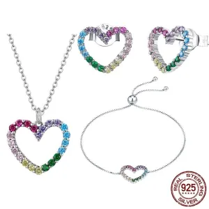 Rainbow Heart Pattern Love Zircon Jewelry Set - 925 Sterling Silver