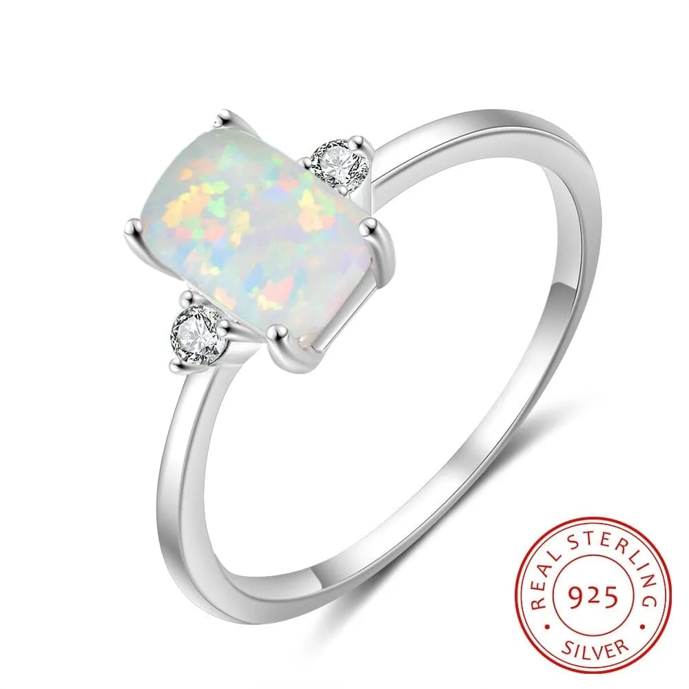 Rectangular Created White Fire Opal Hoop Ring - 925 Sterling Silver