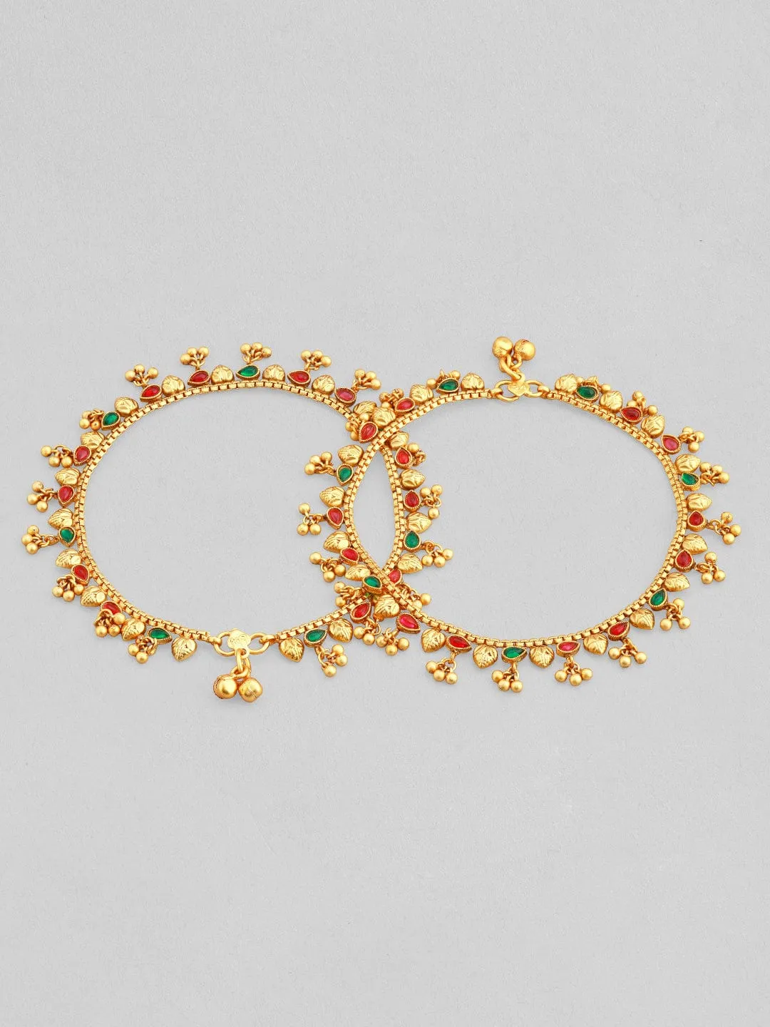 Rubans 24k Gold Plated Anklet With Red And Green Stones And Golden Beads.