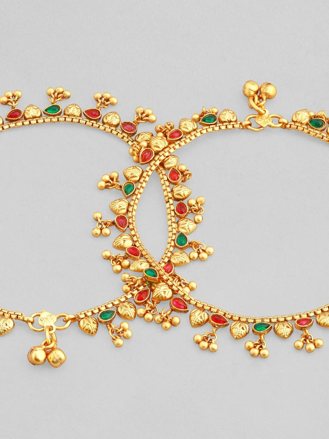 Rubans 24k Gold Plated Anklet With Red And Green Stones And Golden Beads.