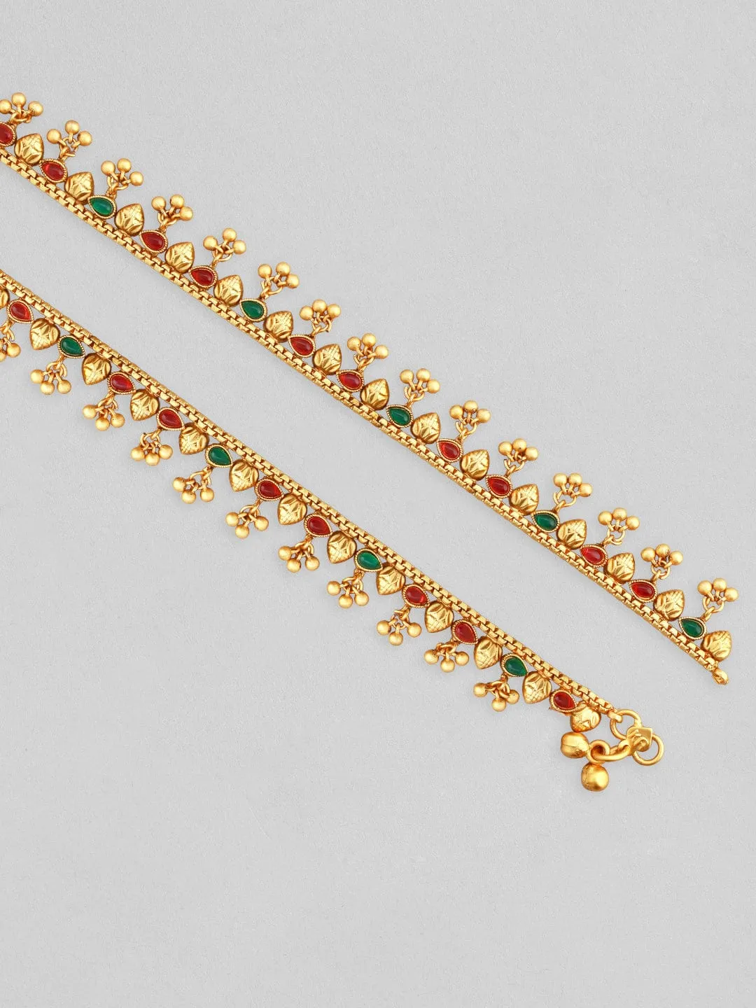 Rubans 24k Gold Plated Anklet With Red And Green Stones And Golden Beads.