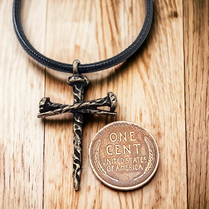 Rugged Antique Nail Cross Necklace Brass Finish