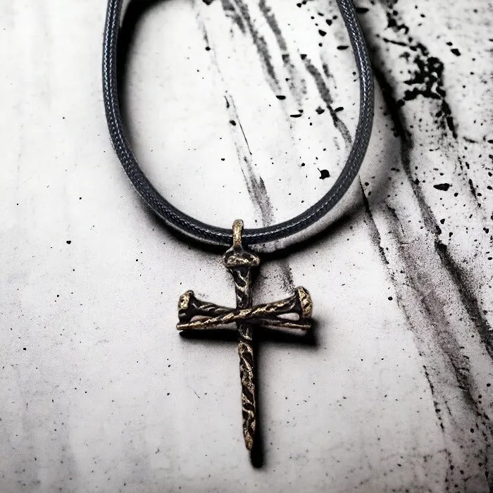 Rugged Antique Nail Cross Necklace Brass Finish