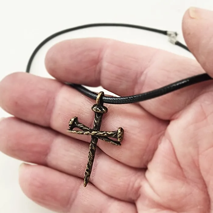 Rugged Antique Nail Cross Necklace Brass Finish