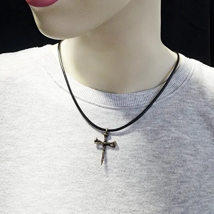 Rugged Antique Nail Cross Necklace Brass Finish