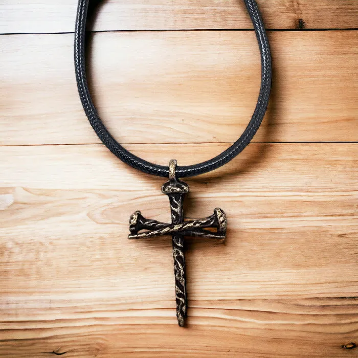 Rugged Antique Nail Cross Necklace Brass Finish