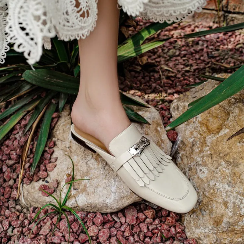 Sheepskin Mules with Tassel Summer Slippers Handmade in White/Black