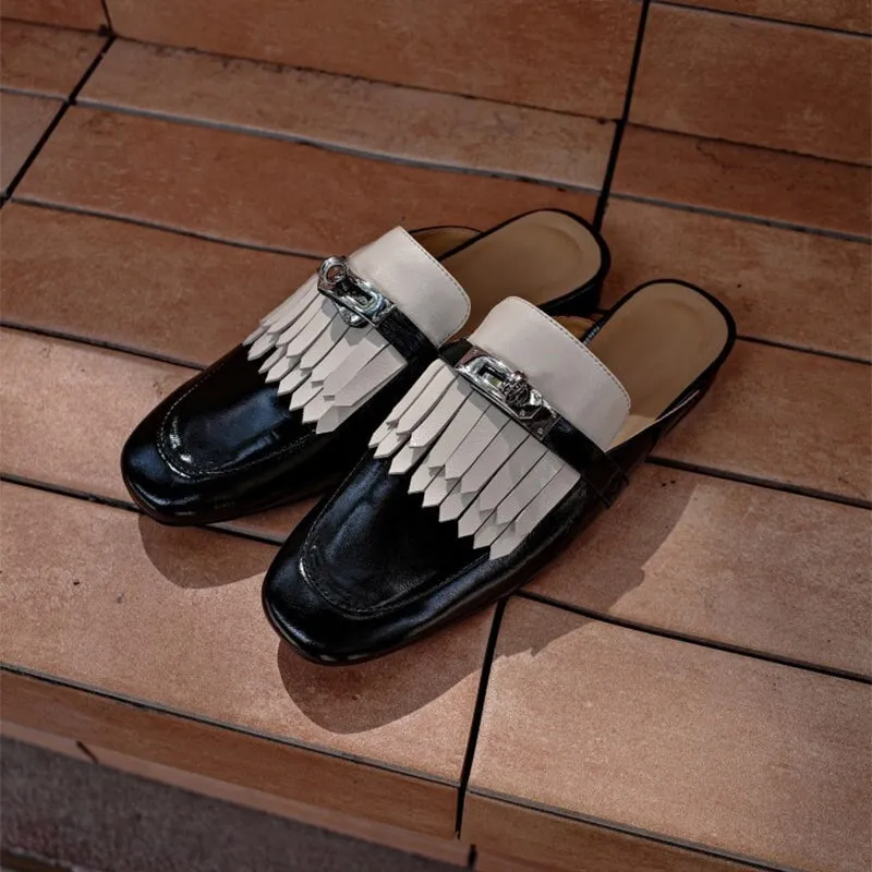 Sheepskin Mules with Tassel Summer Slippers Handmade in White/Black