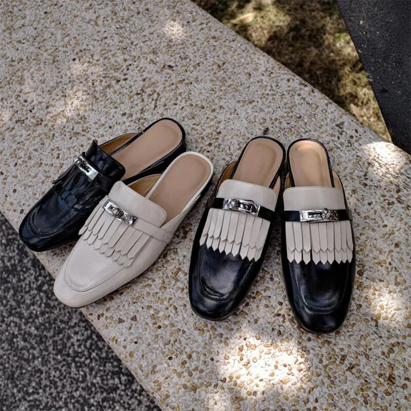 Sheepskin Mules with Tassel Summer Slippers Handmade in White/Black