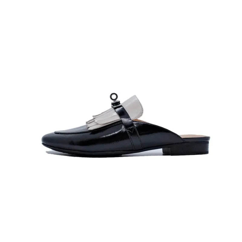 Sheepskin Mules with Tassel Summer Slippers Handmade in White/Black