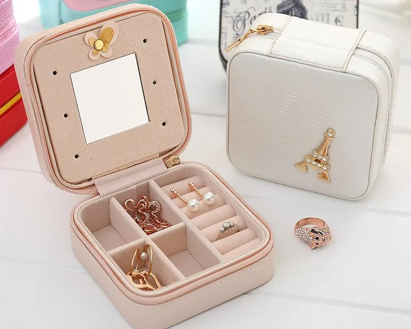 Simple and Small Travel Jewelry Box Organizer with Mirror - Pink