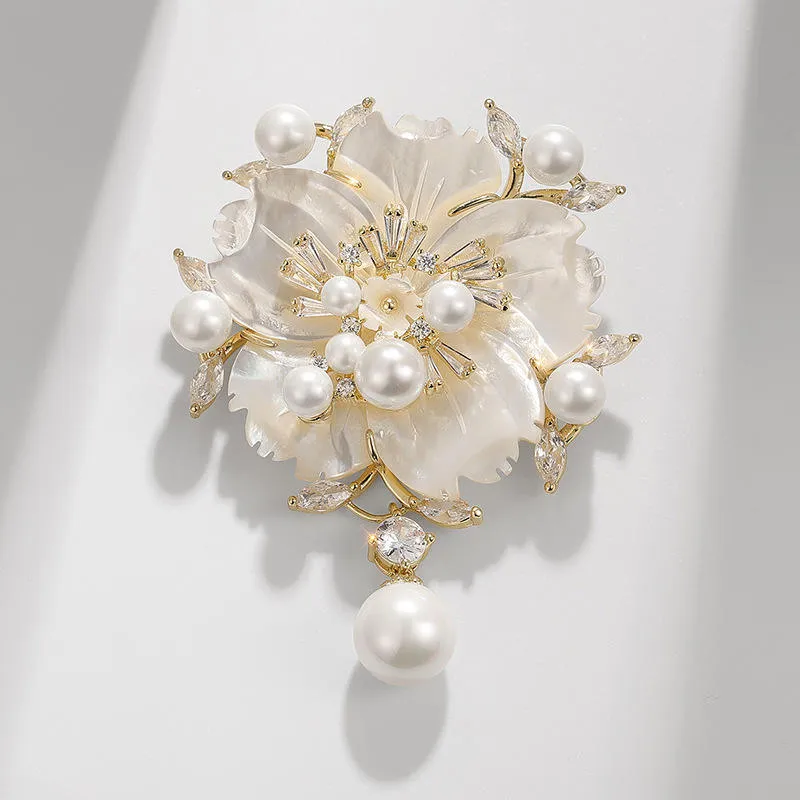 SISSLIA Wholesale New Natural Shell Brooches High-Grade Design Zircon Pearl Flowers Brooch Pin