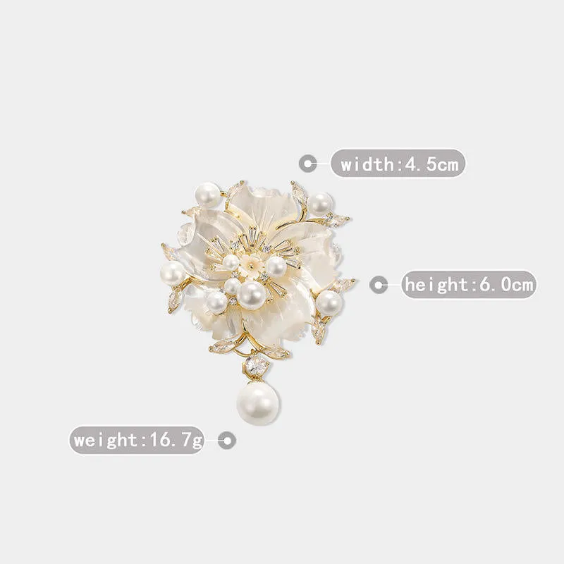 SISSLIA Wholesale New Natural Shell Brooches High-Grade Design Zircon Pearl Flowers Brooch Pin