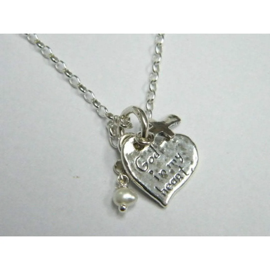 Sterling Silver necklace, heart & cross necklace,  "God in my Heart"  charms jewelry