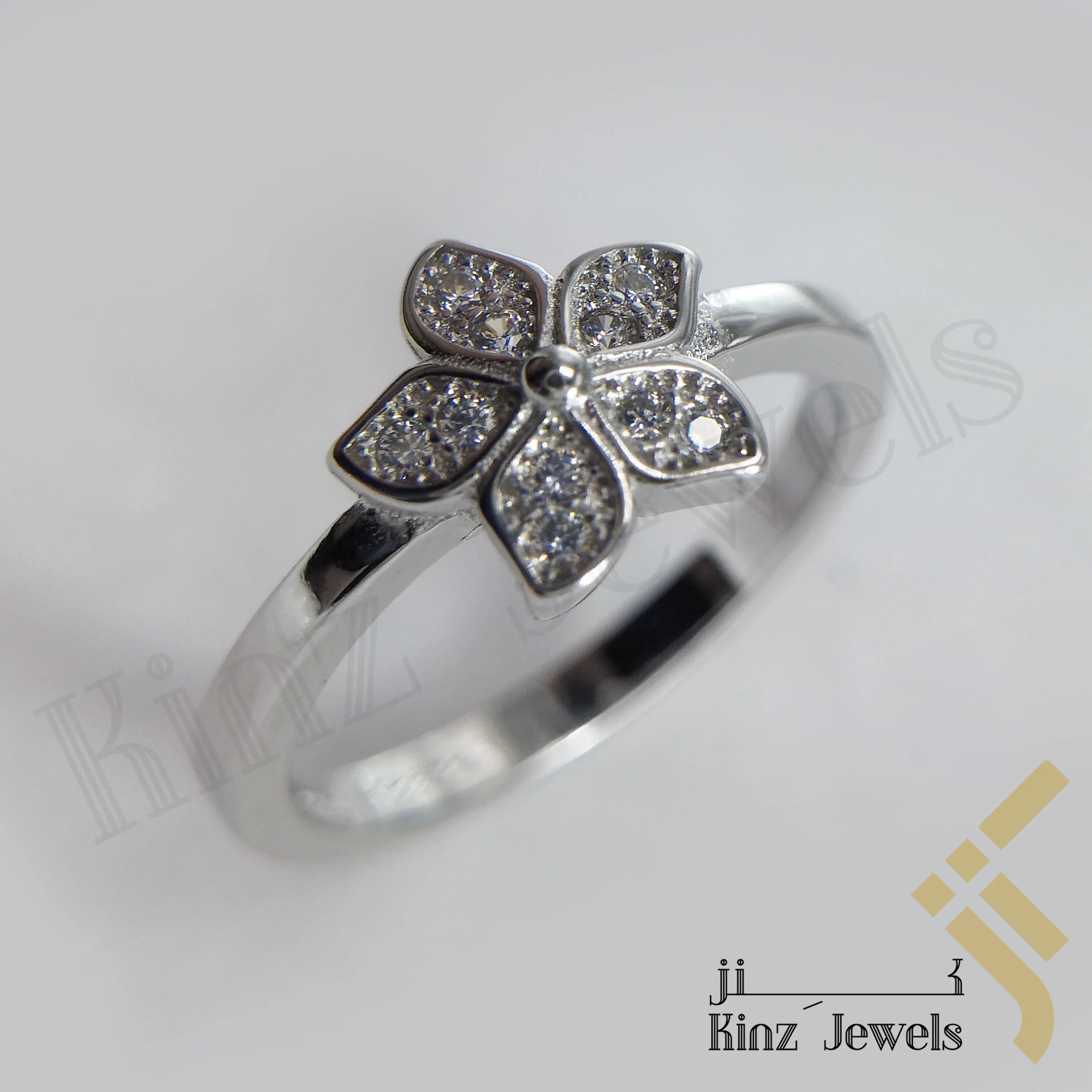 Sterling Silver Rhodium Vermeil Simple Flower With Zircon Ring