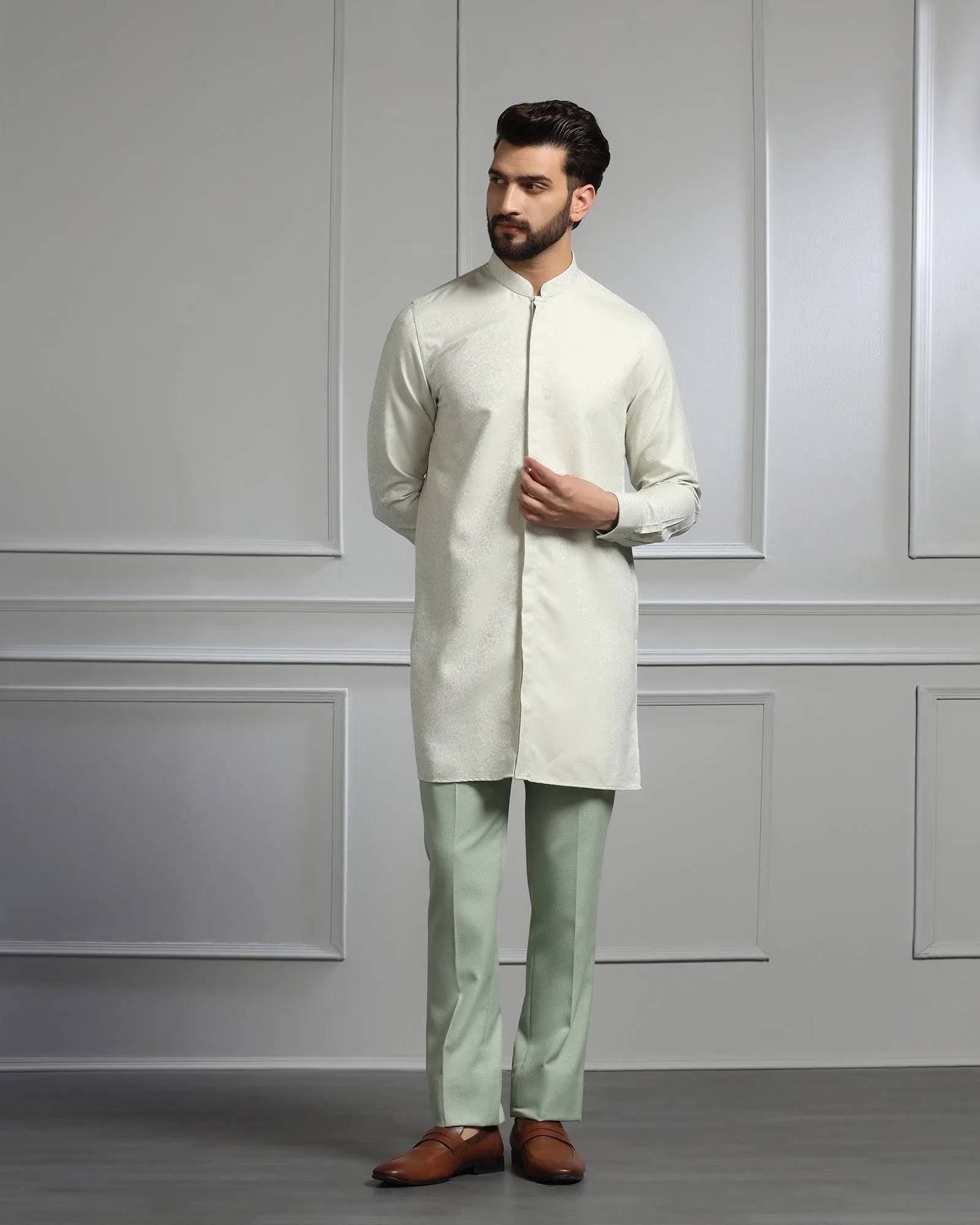 Swarn Three Piece Green Textured Achkan Set - Dodget