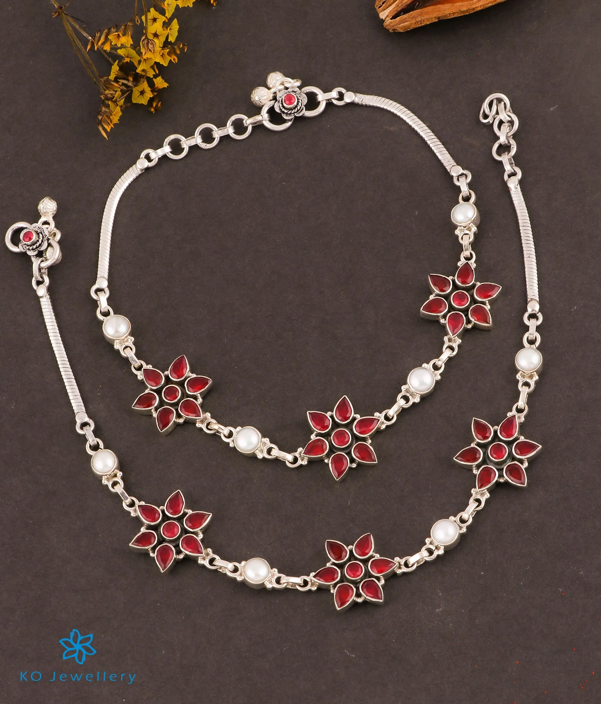 The Adya Silver Gemstone Anklets