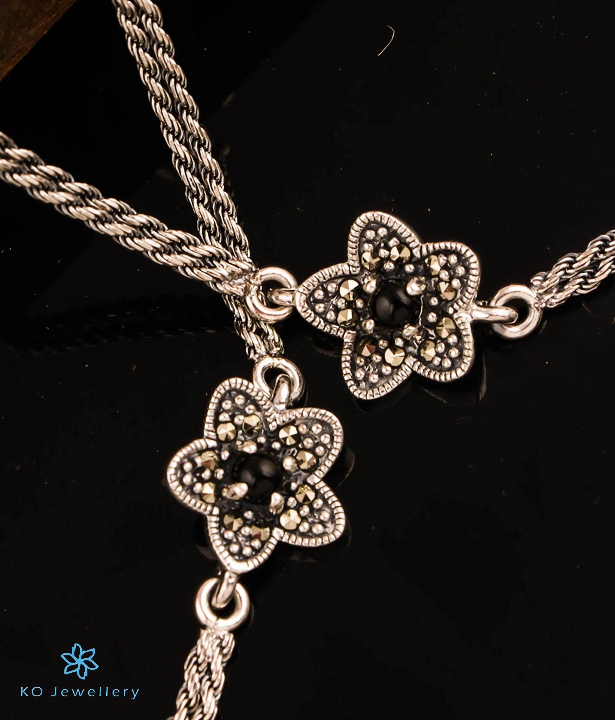 The Black Flower Silver Marcasite Anklets