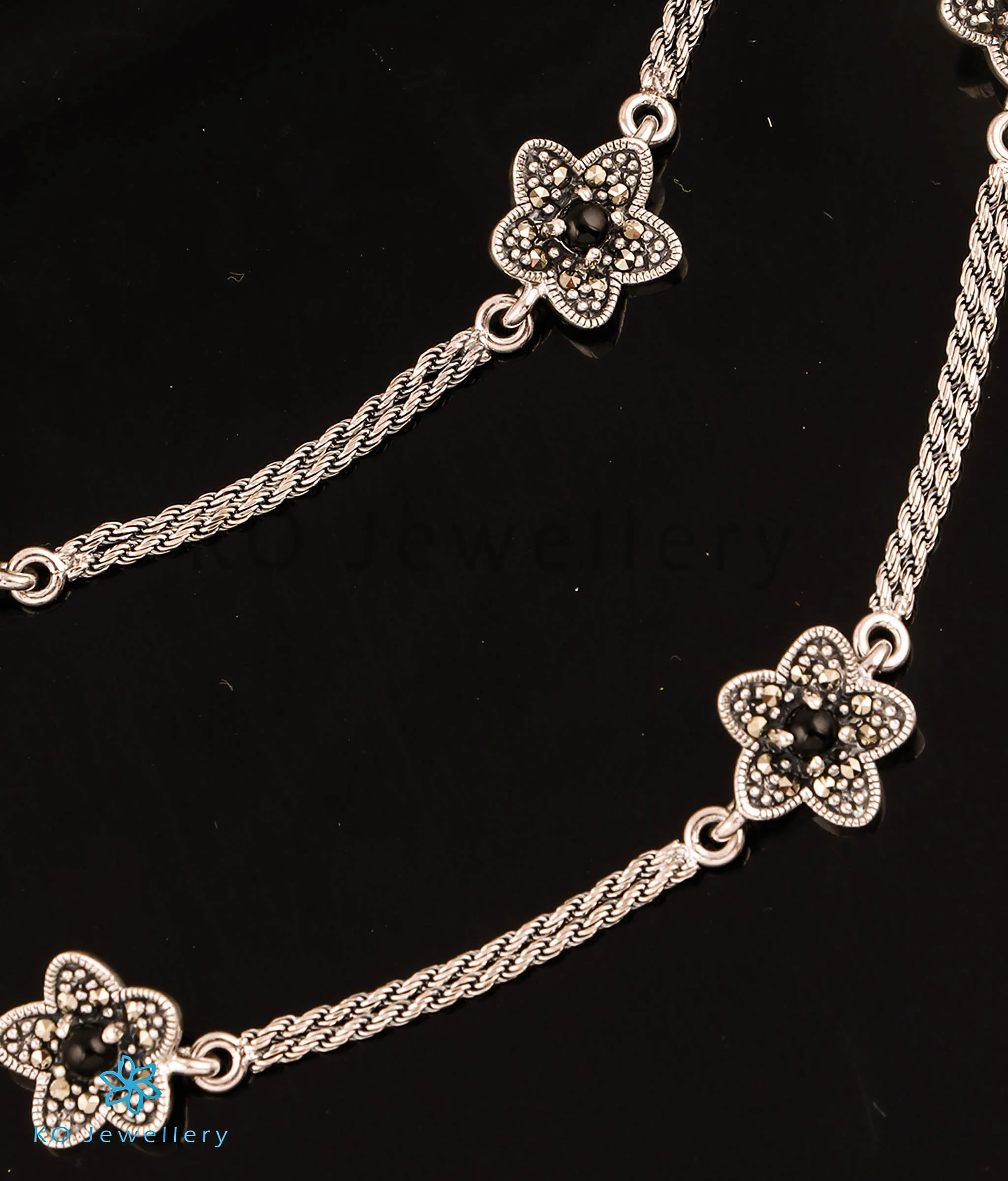 The Black Flower Silver Marcasite Anklets