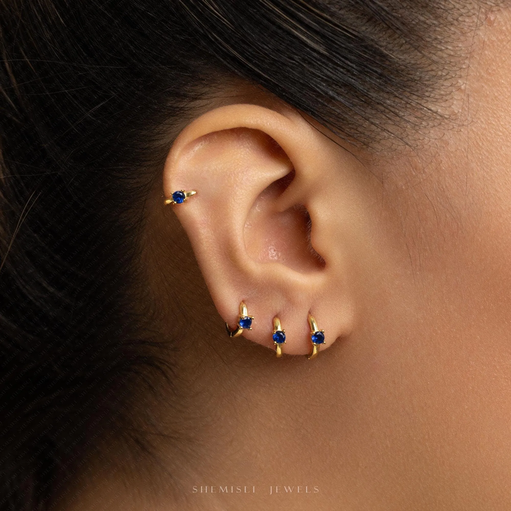 Tiny Sapphire CZ Stone Helix Hoop Earrings, Unisex, Gold, Silver SHEMISLI SH646, SH647, SH648, SH649