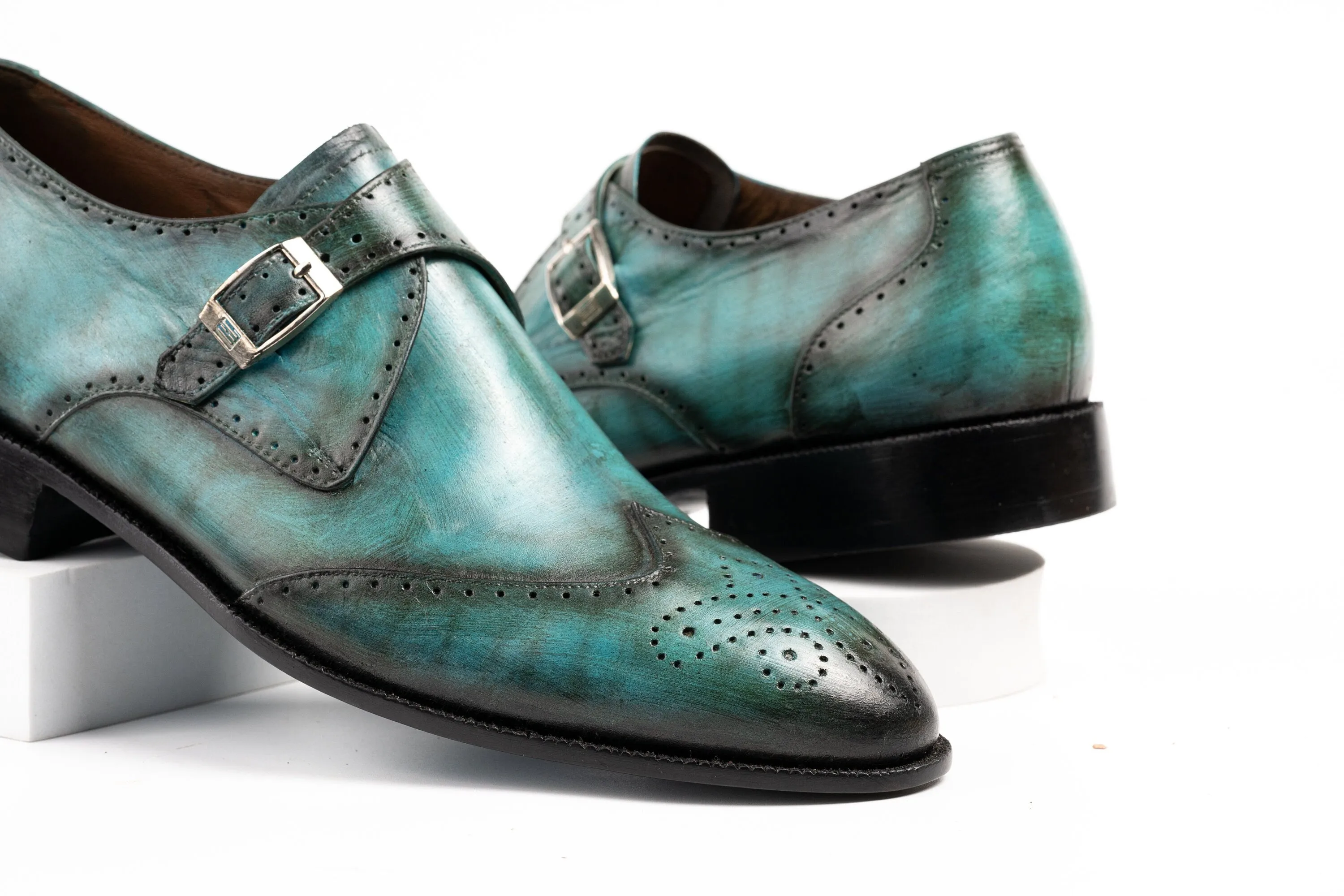 Turquoise Colored Single buckle Wingtip Monk Strap Patina Shoes Made using Crust Leather with Hand Dye Finish