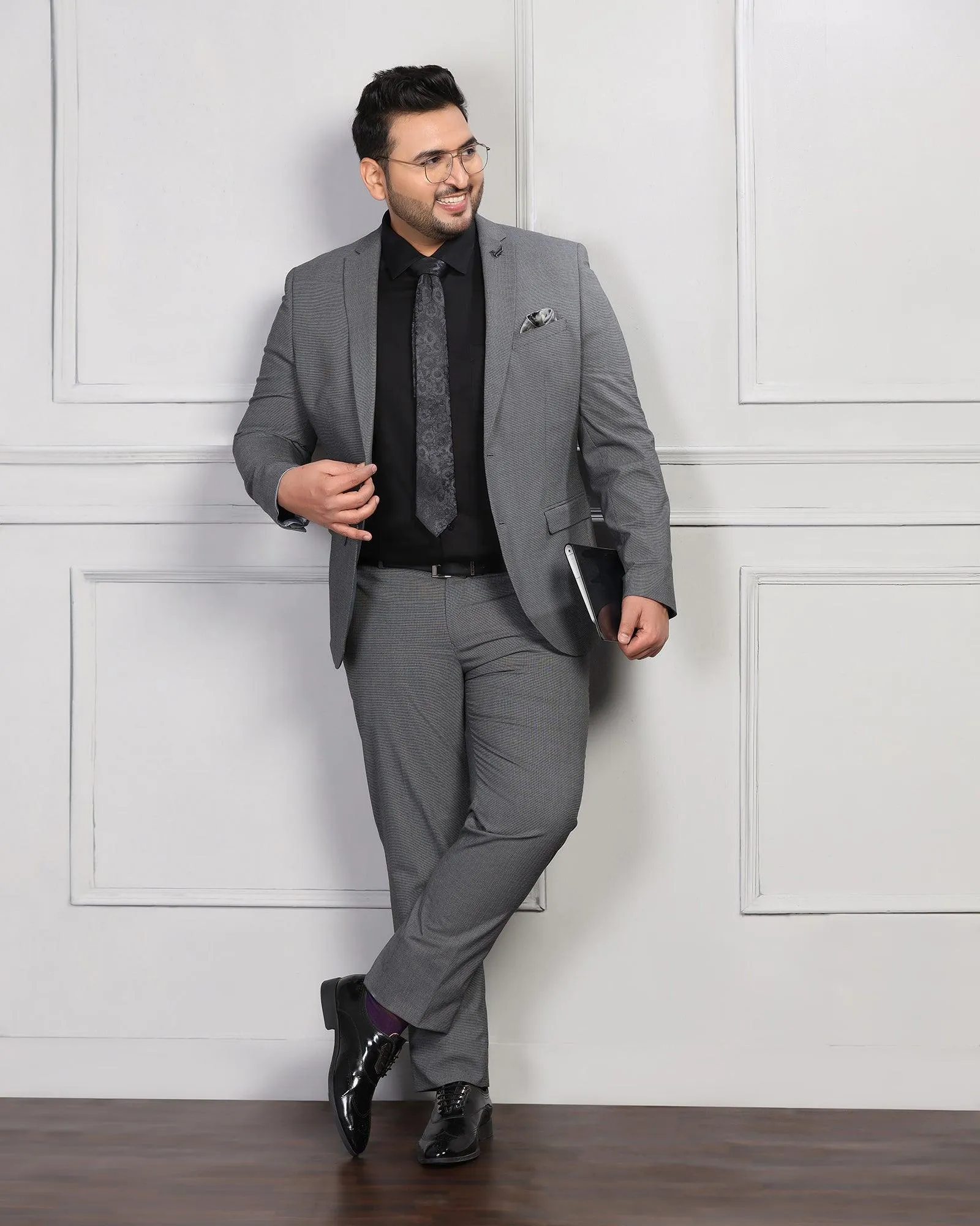 Two Piece Dark Grey Textured Formal Suit - Waves